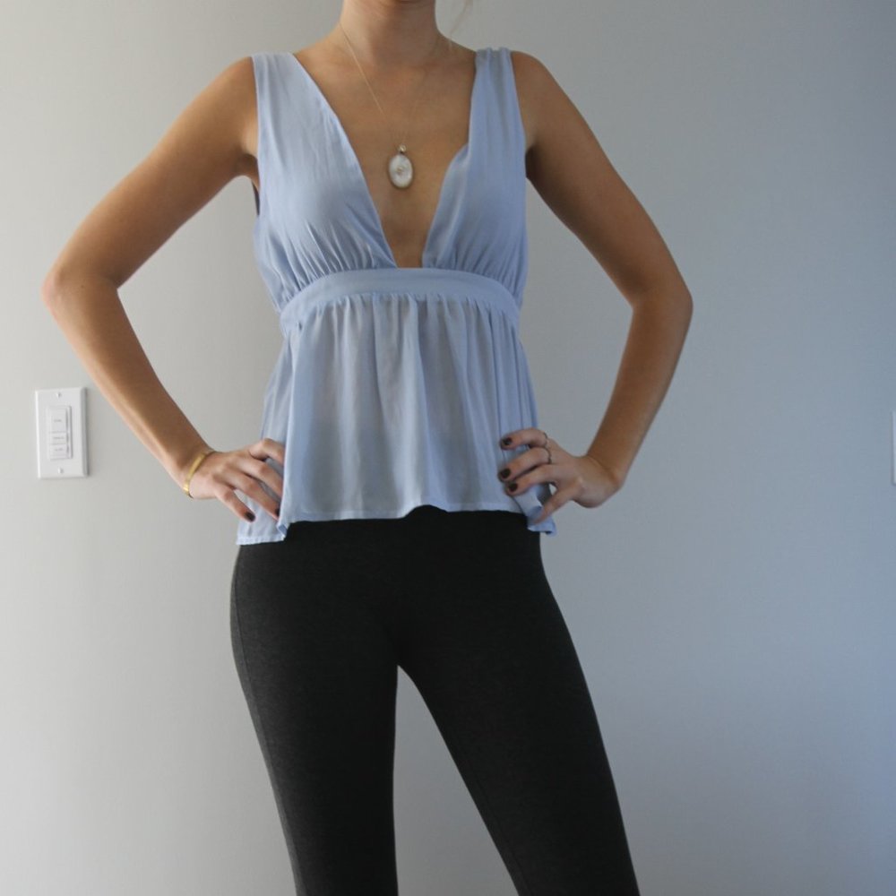Tobi Blue Plunging Deep V Flowy Top